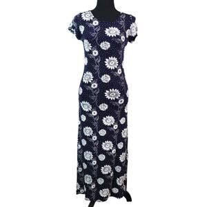 Vintage 90s Y2K Navy Blue White Floral Daisies Dress Long Maxi Midi Slinky M